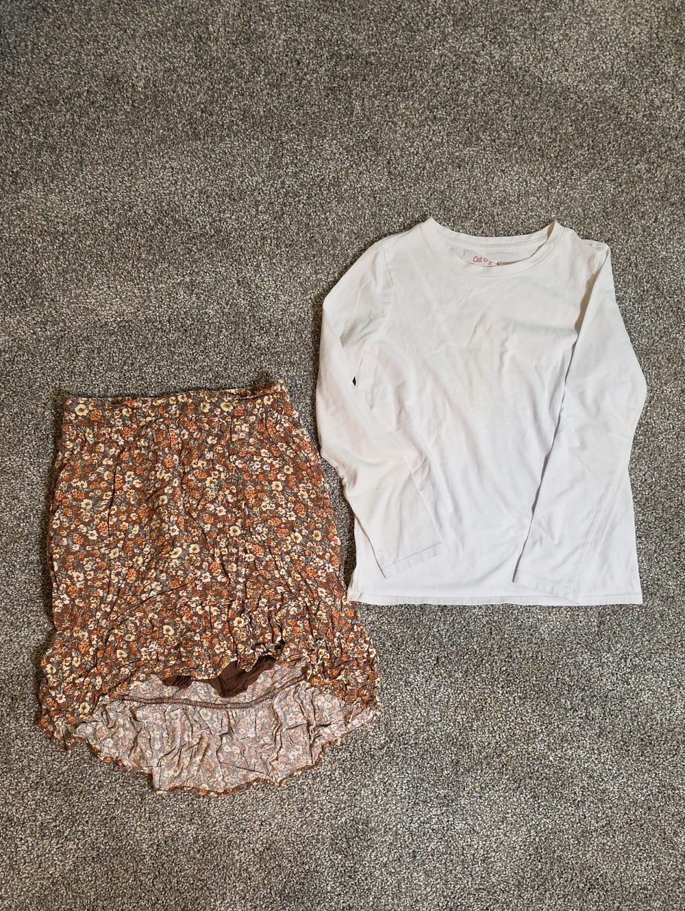 Brown Floral Ruffle Skirt With White Long Sleeve Top